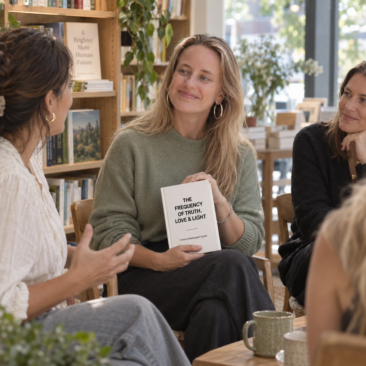 AI-created scene: Christina in a sage sweater listening to women in a bookstore reading circle, holding her book.