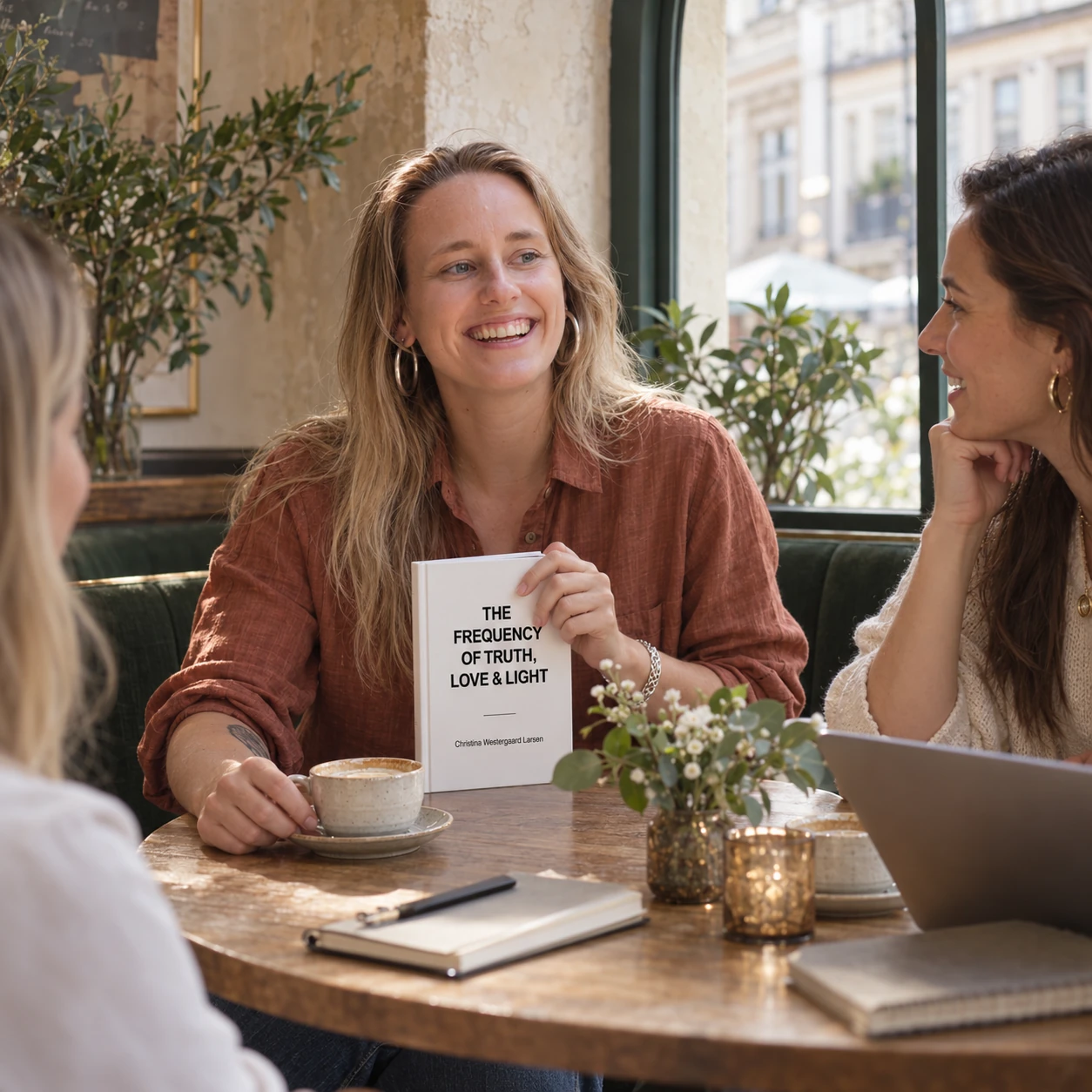 AI-created scene: Christina in a terracotta shirt sharing a conversation with women in a cafe, her book in hand.