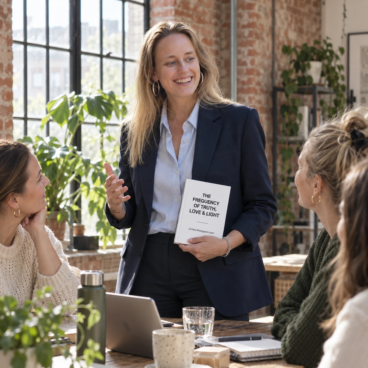 AI-created scene: Christina in a navy suit talking with women entrepreneurs in a brick loft, holding her book.
