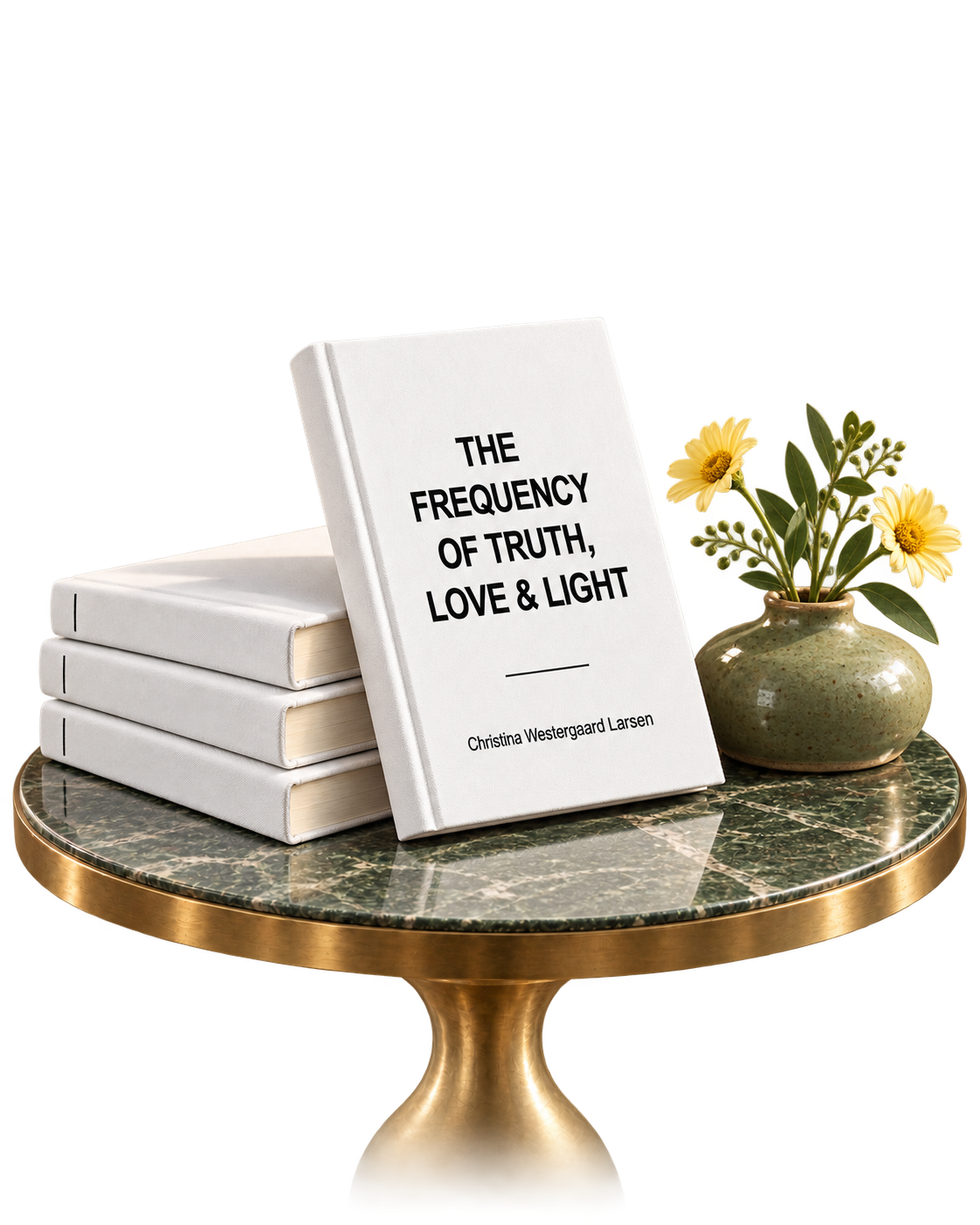 English book leaning casually against three stacked copies on a green marble table, with yellow flowers in a low olive ceramic vase.